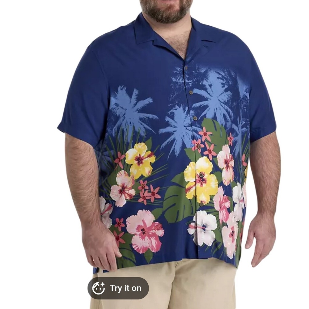 Oak Hill Mens 2XL Navy‎ Blue Tropical Floral Hibiscus Palm Rayon Camp Shirt